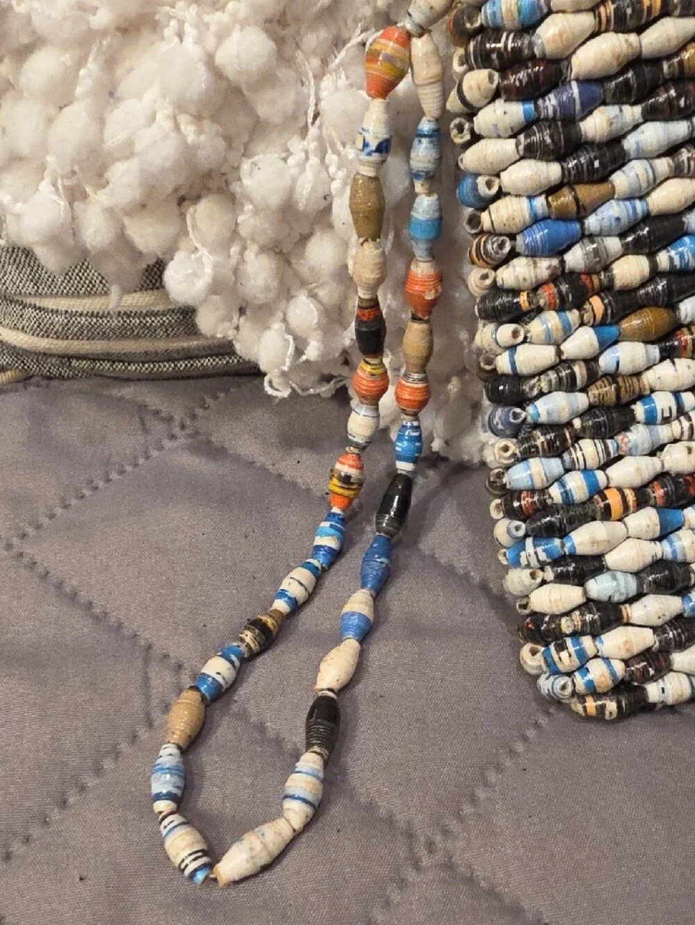Handmade Paper Beaded Wristlet Clutch in Neutral, Brown & Blue - Picture 3 of 15